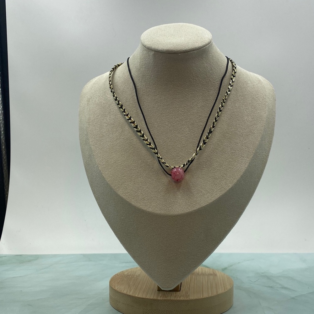 NWOT Double Strand Gold and Black Woven Choker Necklace with Pink Pendant